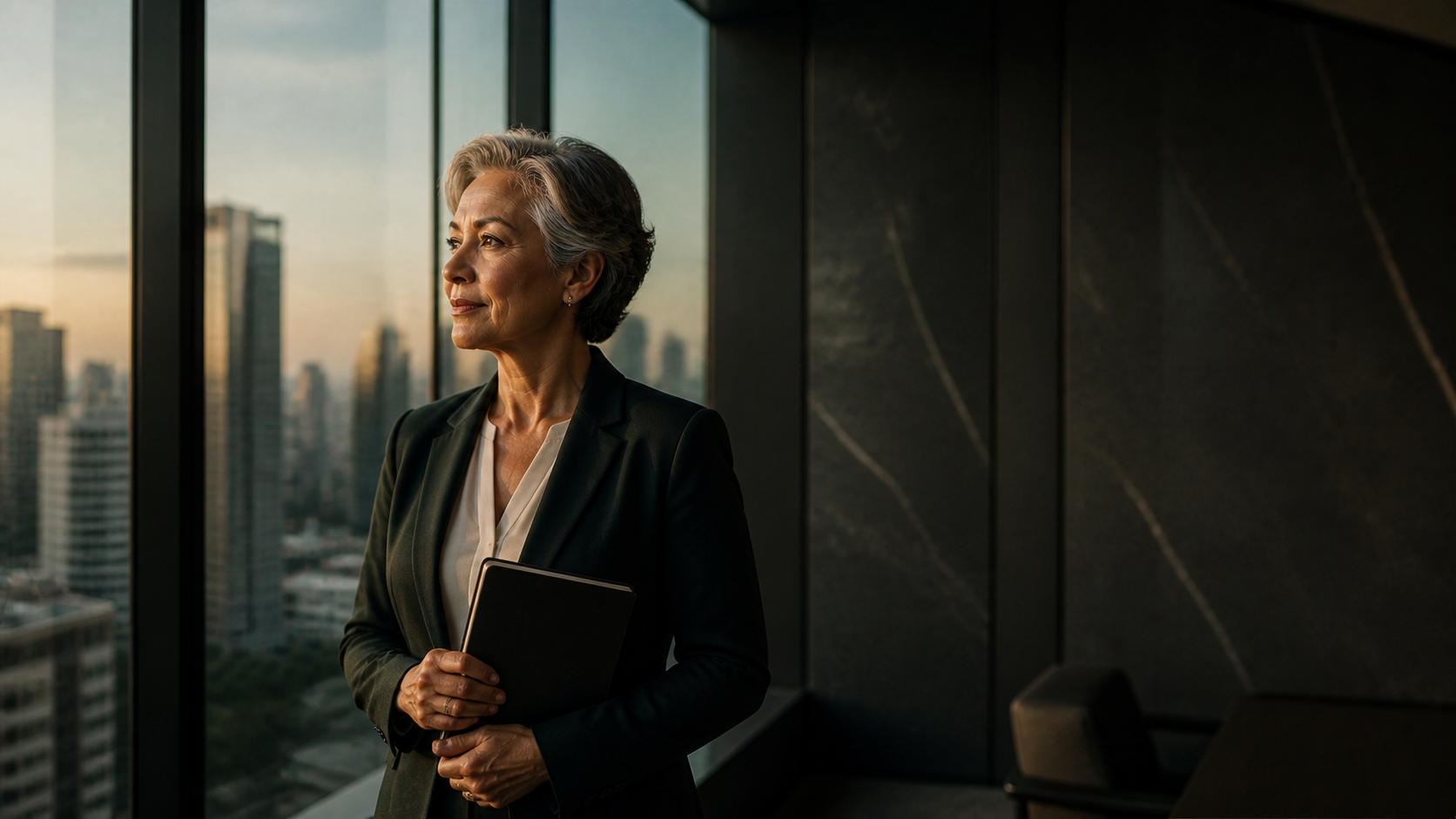 Senior business advisor overlooking a global city skyline